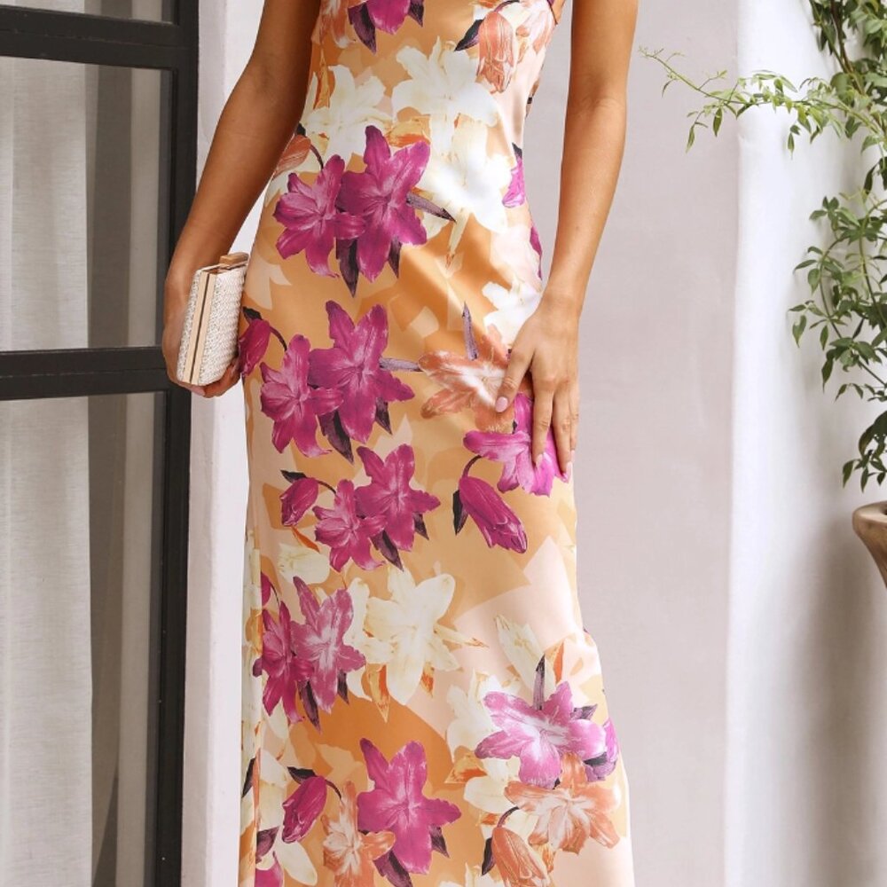 Toperth Satin Folded Floral Over Bust Maxi Dress